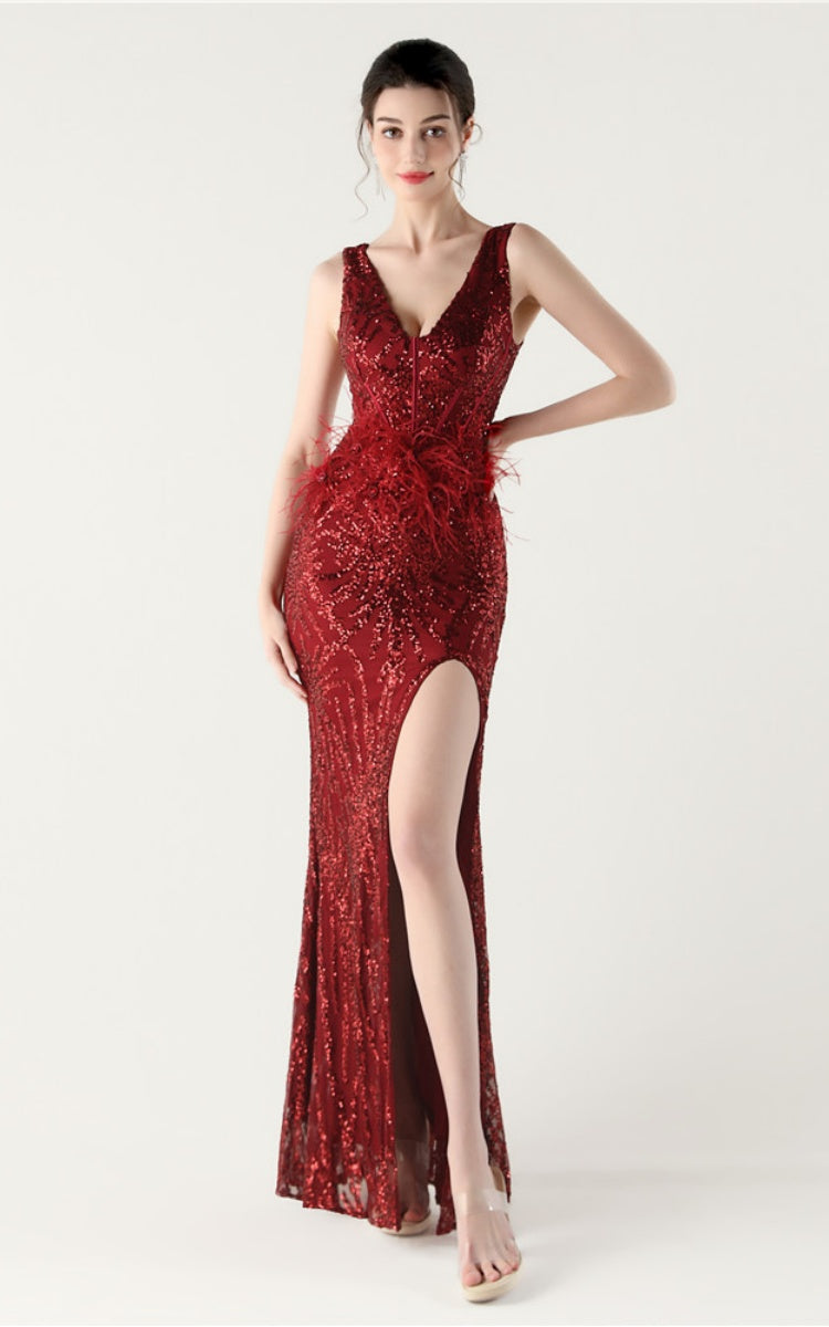Lyla Wine Sequin Feather Embellishment Evening Dress