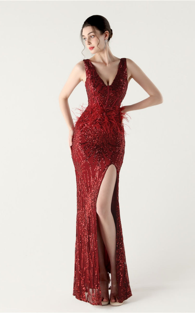 Lyla Wine Sequin Feather Embellishment Evening Dress