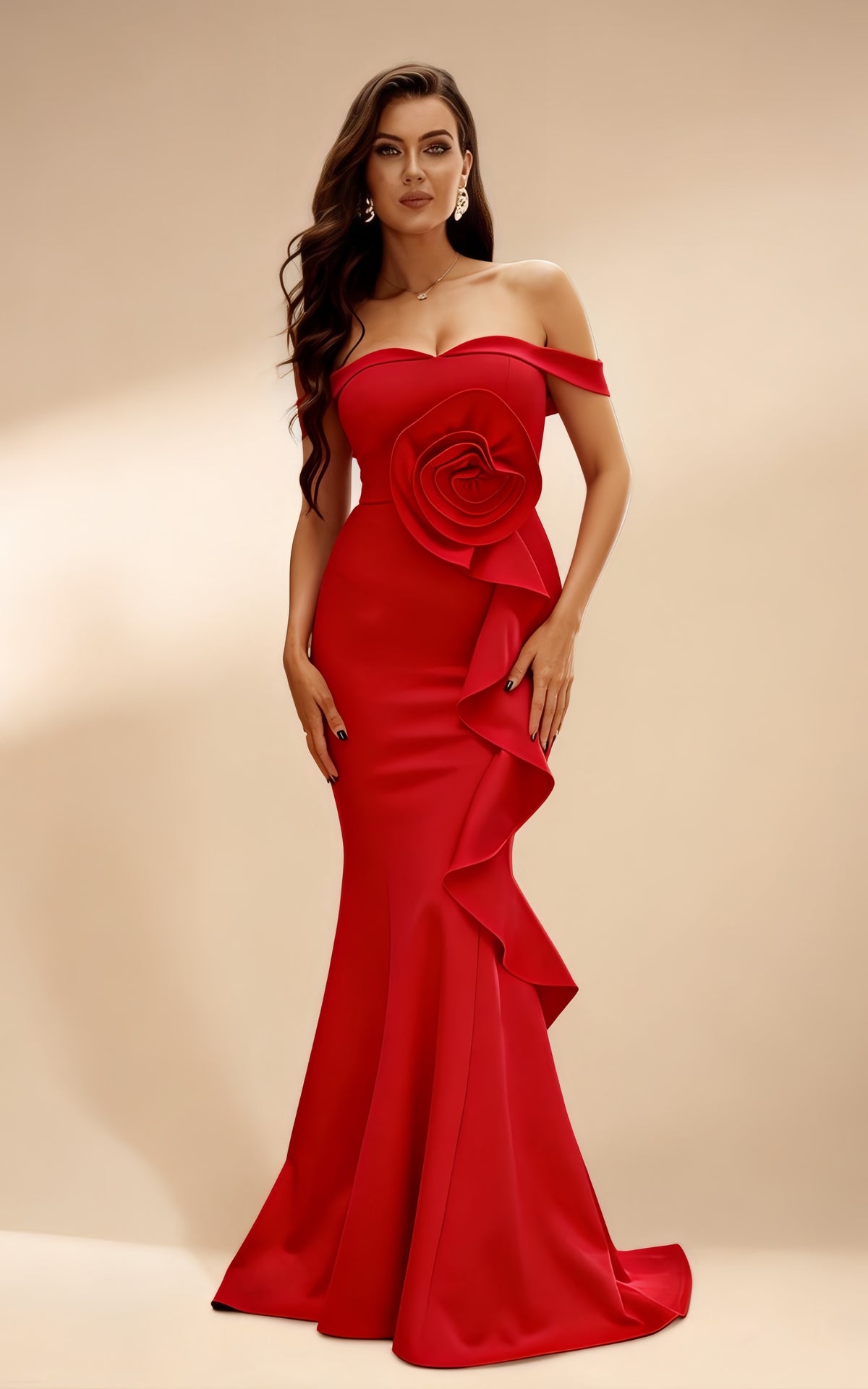 Mabel Off-Shoulder 3D Floral Maxi Dress In Red