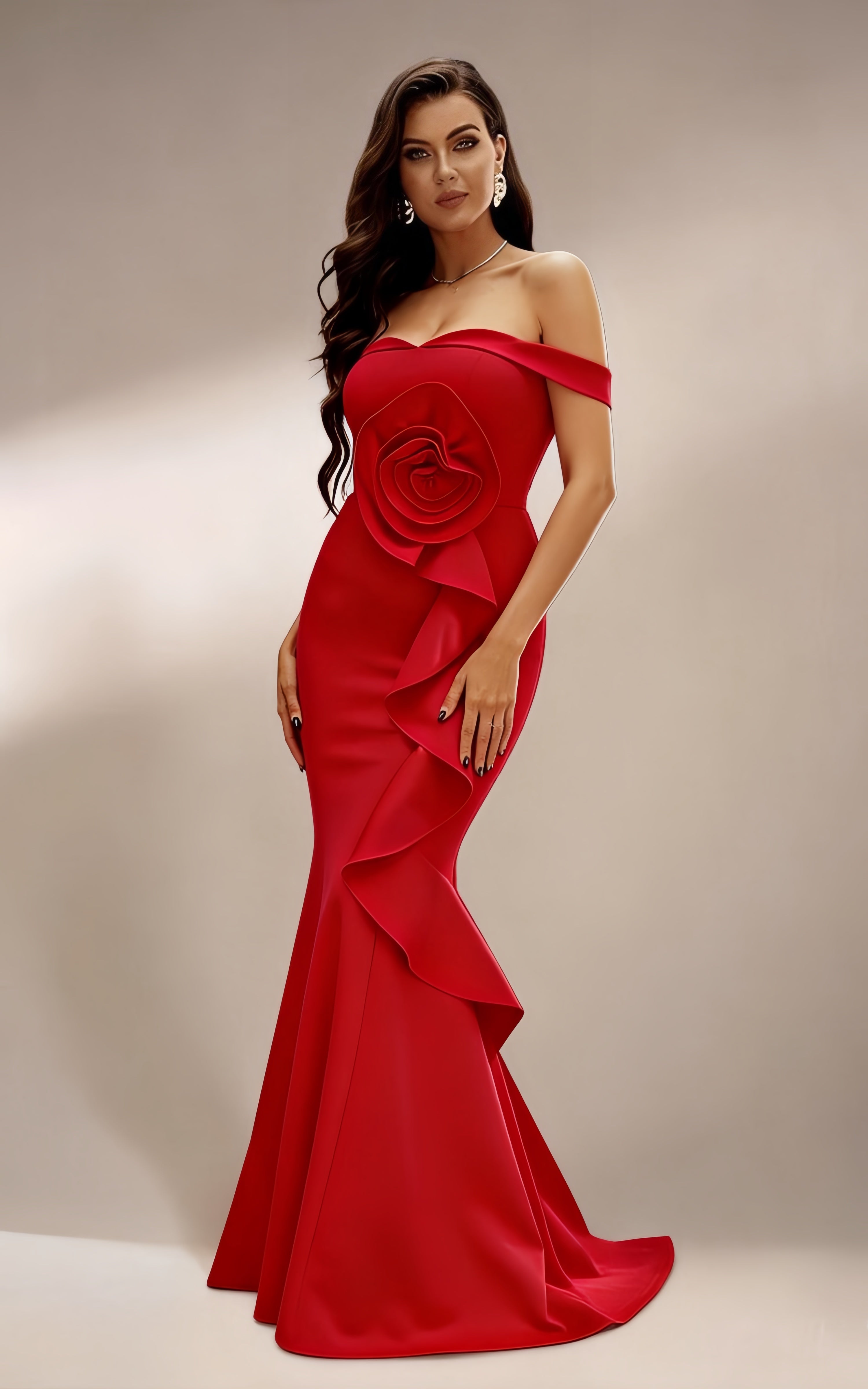 Mabel Off-Shoulder 3D Floral Maxi Dress In Red