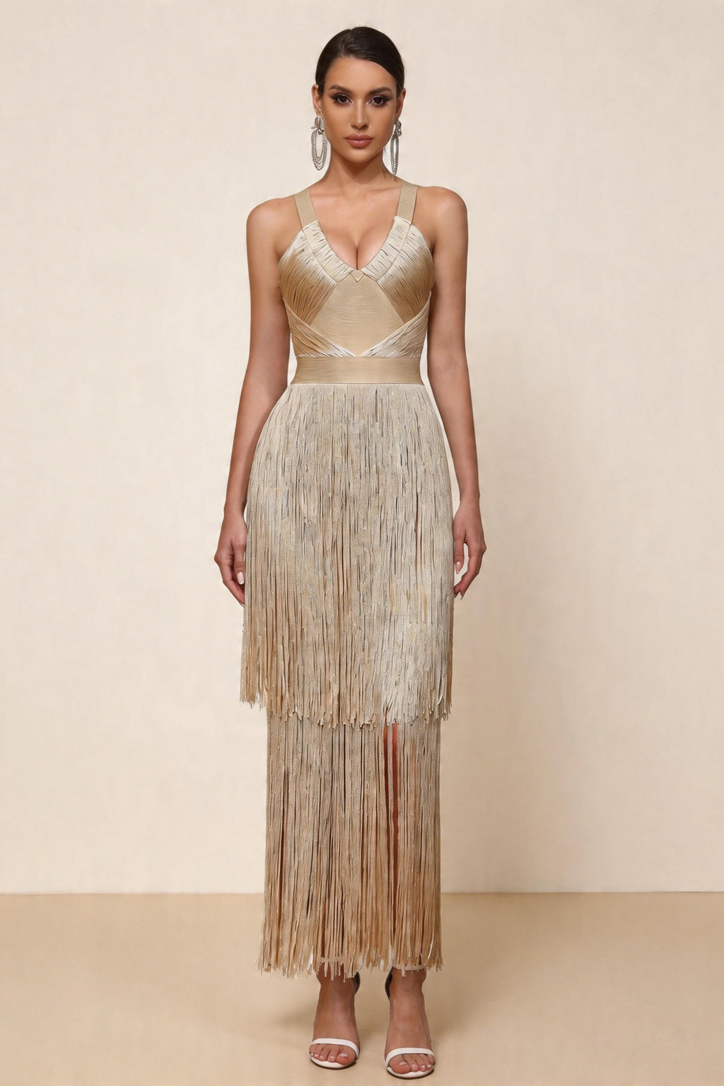 Madeline Apricot Layered Fringe Bandage Dress