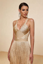 Madeline Apricot Layered Fringe Bandage Dress