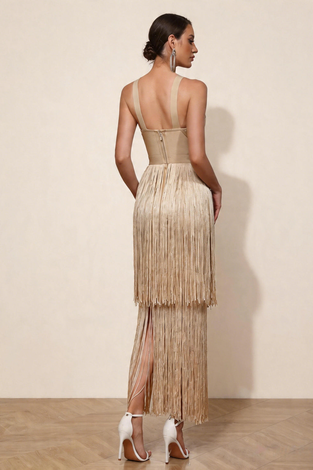 Madeline Apricot Layered Fringe Bandage Dress