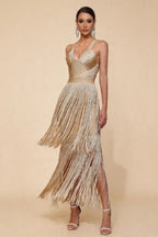 Madeline Apricot Layered Fringe Bandage Dress