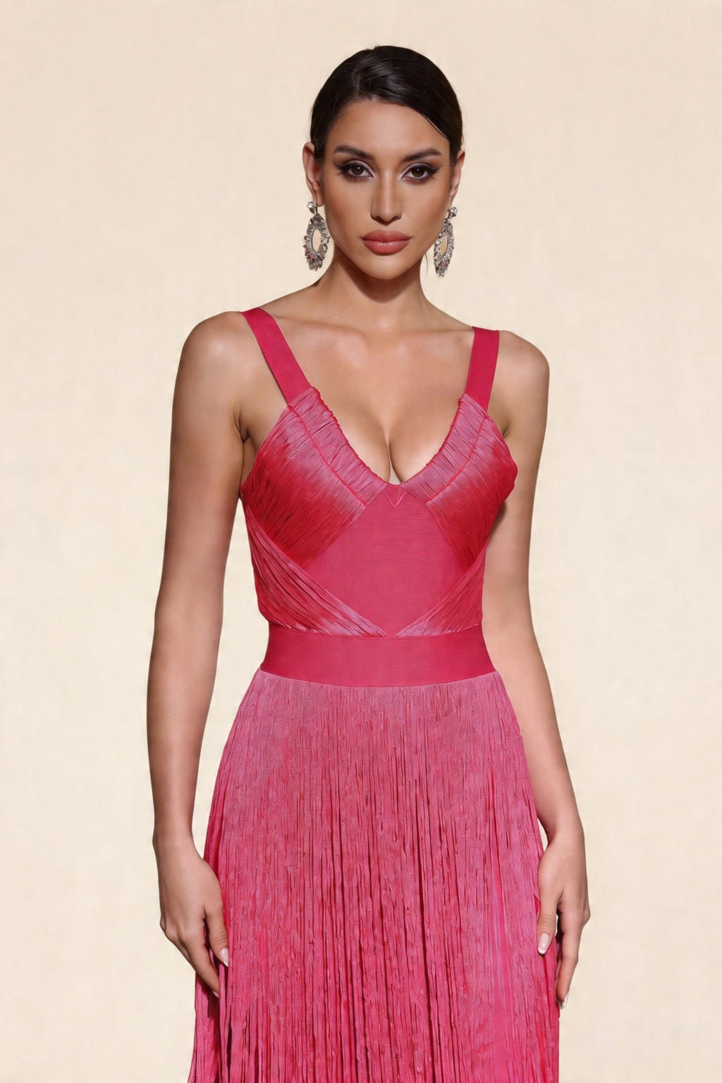 Madeline Fuchsia Layered Fringe Bandage Dress