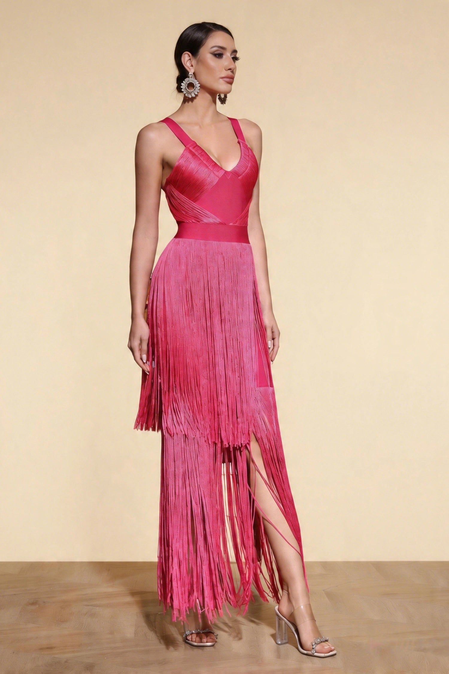Madeline Fuchsia Layered Fringe Bandage Dress