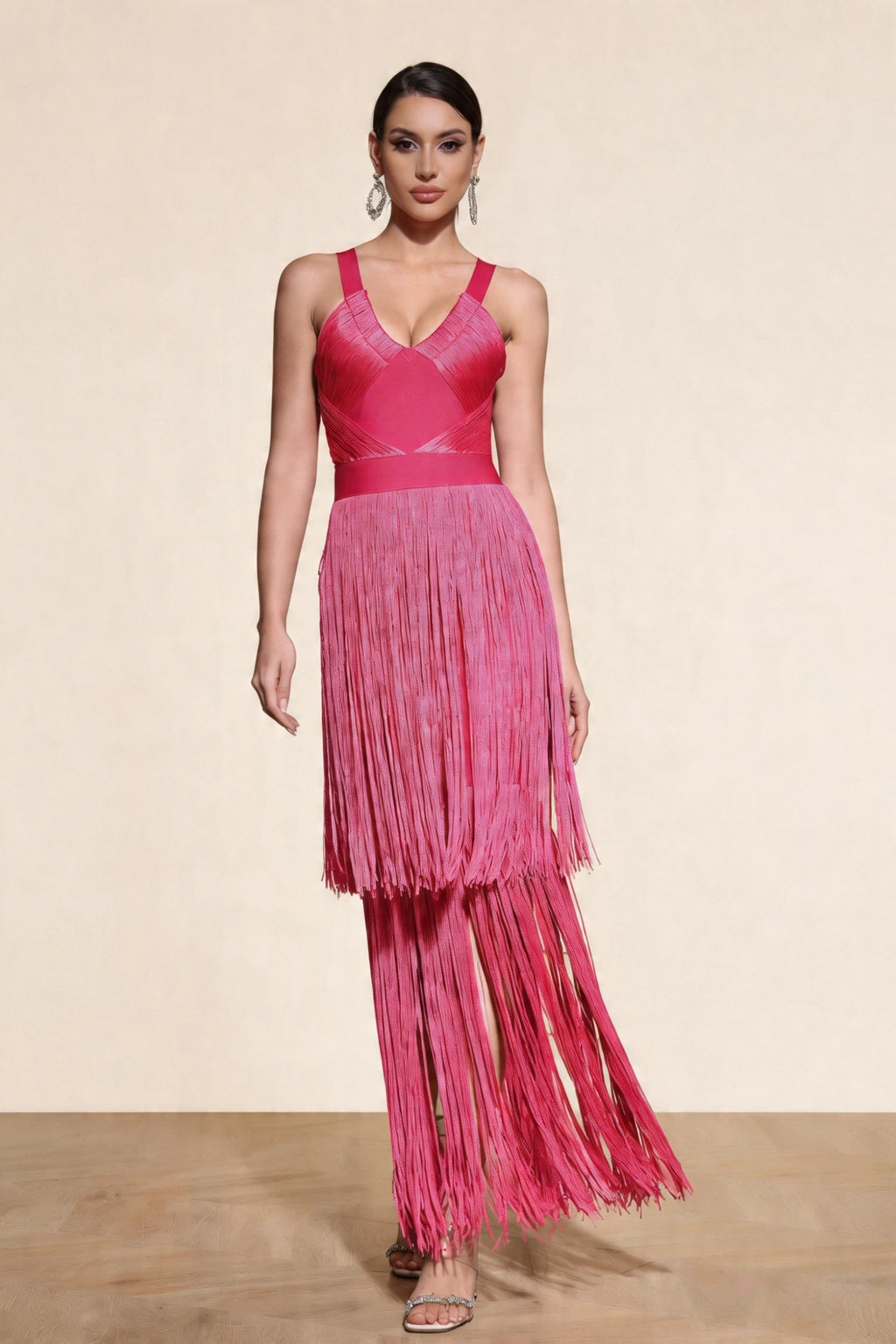 Madeline Fuchsia Layered Fringe Bandage Dress