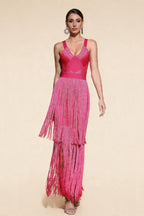 Madeline Fuchsia Layered Fringe Bandage Dress