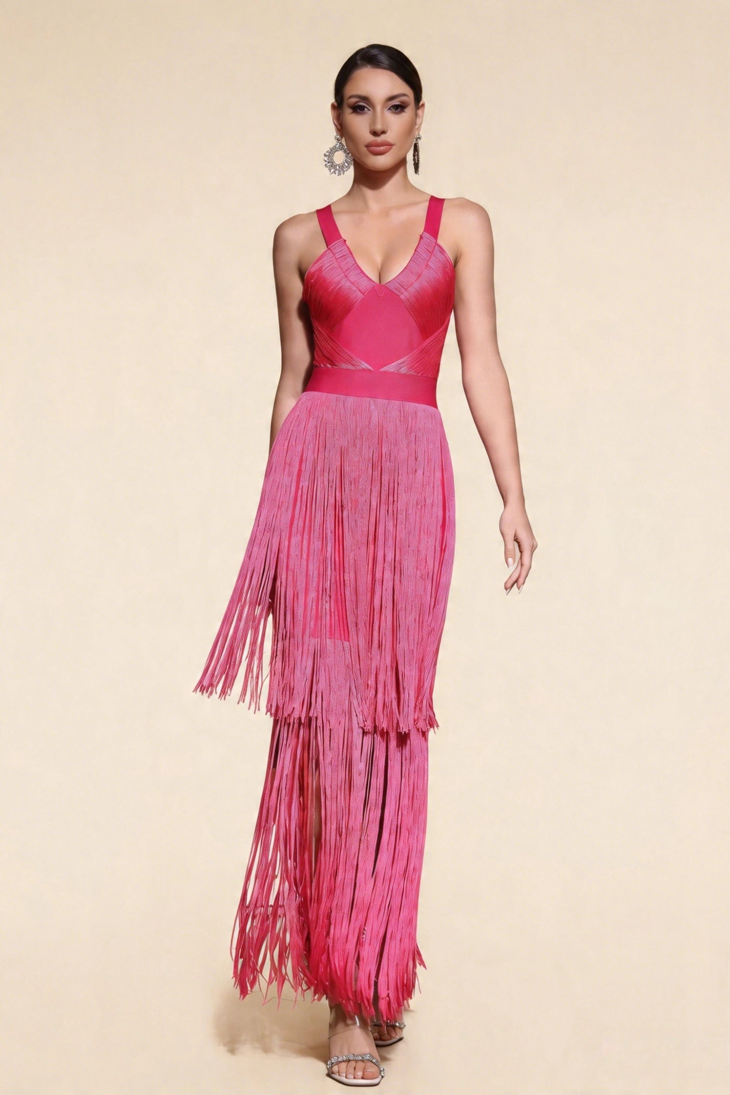 Madeline Fuchsia Layered Fringe Bandage Dress