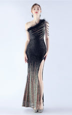 Maisie Black Sequin Asymmetric Neckline Feathered Maxi Dress