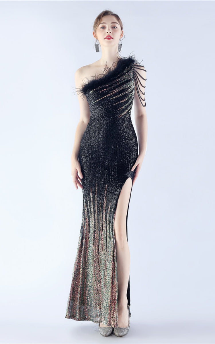 Maisie Black Sequin Asymmetric Neckline Feathered Maxi Dress