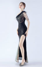 Maisie Black Sequin Asymmetric Neckline Feathered Maxi Dress