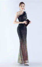 Maisie Black Sequin Asymmetric Neckline Feathered Maxi Dress