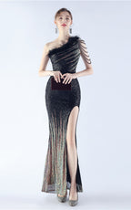 Maisie Black Sequin Asymmetric Neckline Feathered Maxi Dress