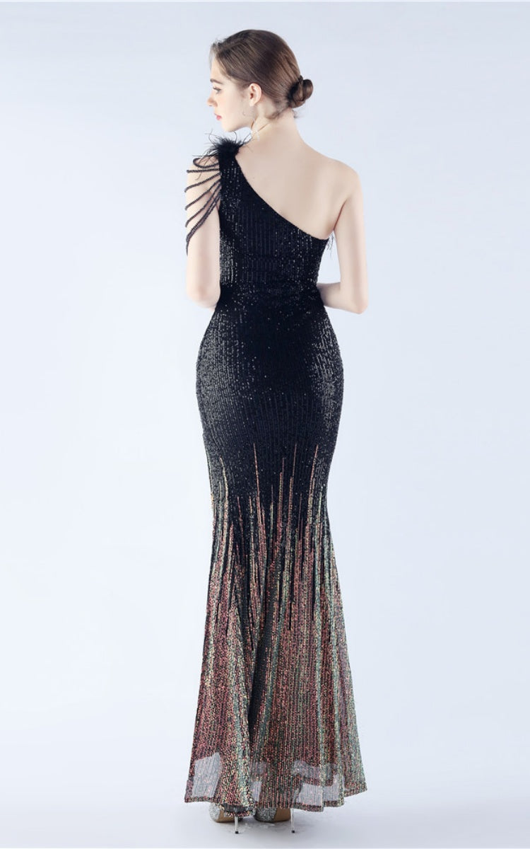 Maisie Black Sequin Asymmetric Neckline Feathered Maxi Dress