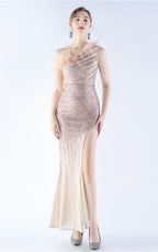 Maisie Gold Sequin Asymmetric Neckline Feathered Maxi Dress