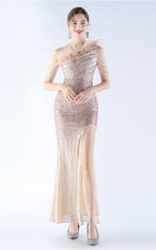 Maisie Gold Sequin Asymmetric Neckline Feathered Maxi Dress