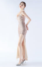 Maisie Gold Sequin Asymmetric Neckline Feathered Maxi Dress