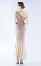 Maisie Gold Sequin Asymmetric Neckline Feathered Maxi Dress