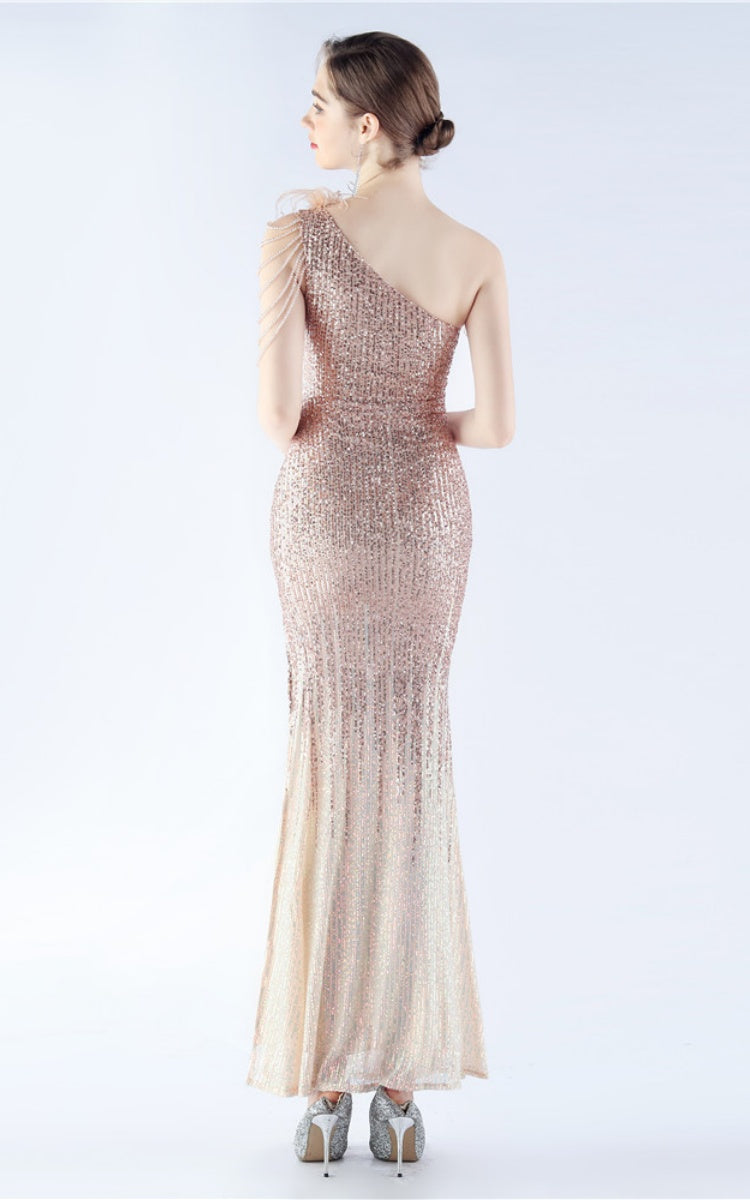 Maisie Gold Sequin Asymmetric Neckline Feathered Maxi Dress