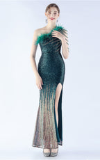 Maisie Green Sequin Asymmetric Neckline Feathered Maxi Dress