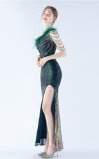 Maisie Green Sequin Asymmetric Neckline Feathered Maxi Dress
