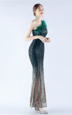 Maisie Green Sequin Asymmetric Neckline Feathered Maxi Dress