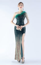 Maisie Green Sequin Asymmetric Neckline Feathered Maxi Dress