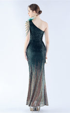 Maisie Green Sequin Asymmetric Neckline Feathered Maxi Dress