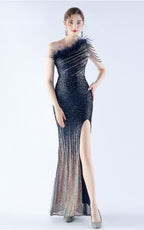 Maisie Navy Blue Sequin Asymmetric Neckline Feathered Maxi Dress