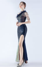 Maisie Navy Blue Sequin Asymmetric Neckline Feathered Maxi Dress