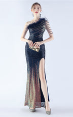 Maisie Navy Blue Sequin Asymmetric Neckline Feathered Maxi Dress