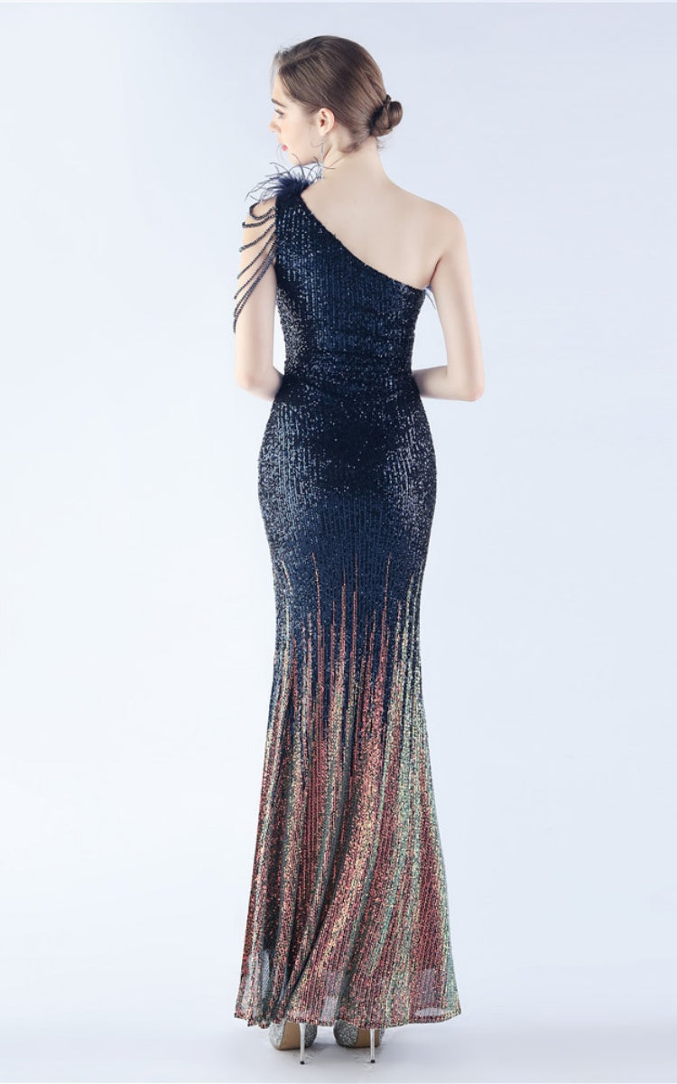 Maisie Navy Blue Sequin Asymmetric Neckline Feathered Maxi Dress
