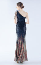 Maisie Navy Blue Sequin Asymmetric Neckline Feathered Maxi Dress