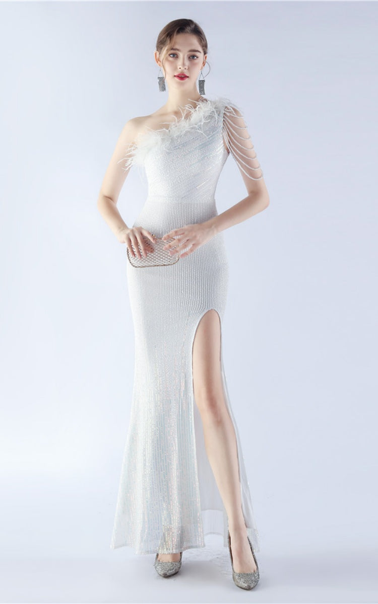Maisie White Sequin Asymmetric Neckline Feathered Maxi Dress Main image