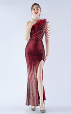 Maisie Wine Sequin Asymmetric Neckline Feathered Maxi Dress