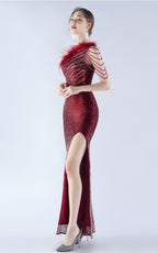 Maisie Wine Sequin Asymmetric Neckline Feathered Maxi Dress