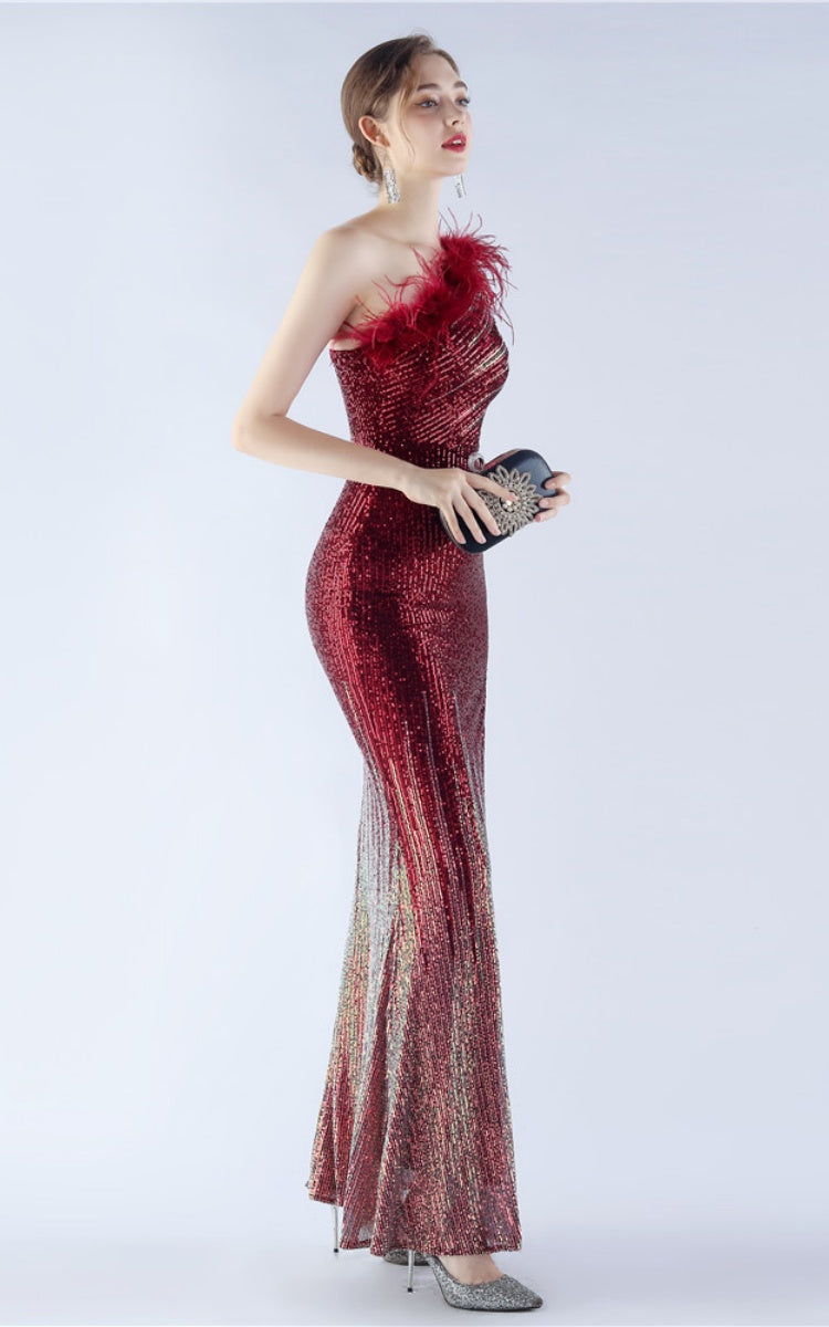 Maisie Wine Sequin Asymmetric Neckline Feathered Maxi Dress