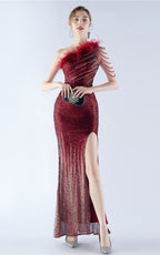 Maisie Wine Sequin Asymmetric Neckline Feathered Maxi Dress