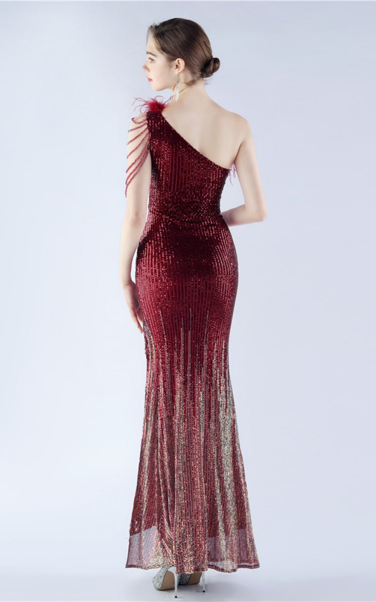 Maisie Wine Sequin Asymmetric Neckline Feathered Maxi Dress