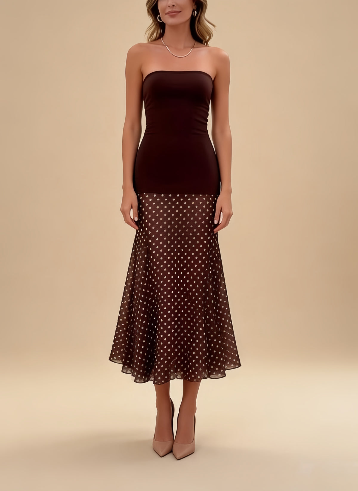 Margot Brown Polka Dot Mesh Bandage Maxi Dress