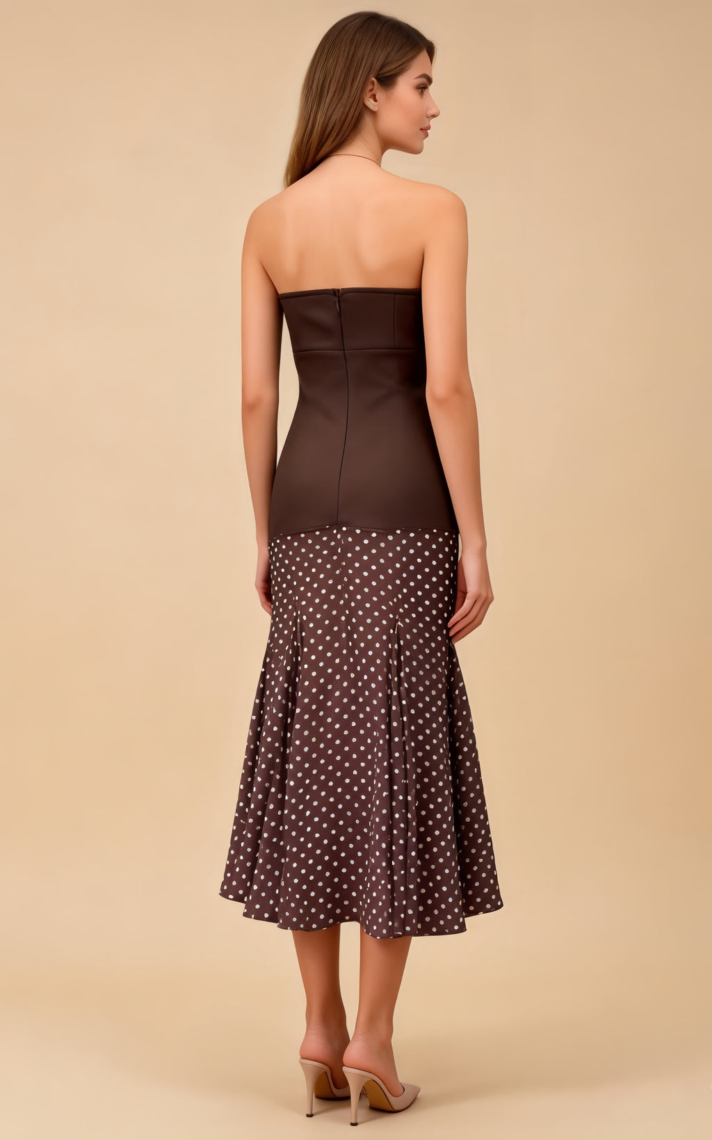 Margot Brown Polka Dot Mesh Bandage Maxi Dress