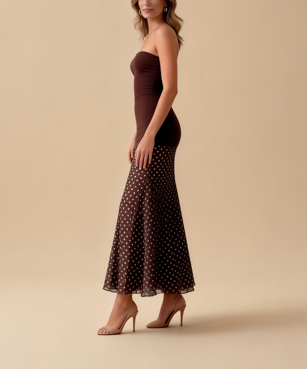 Margot Brown Polka Dot Mesh Bandage Maxi Dress