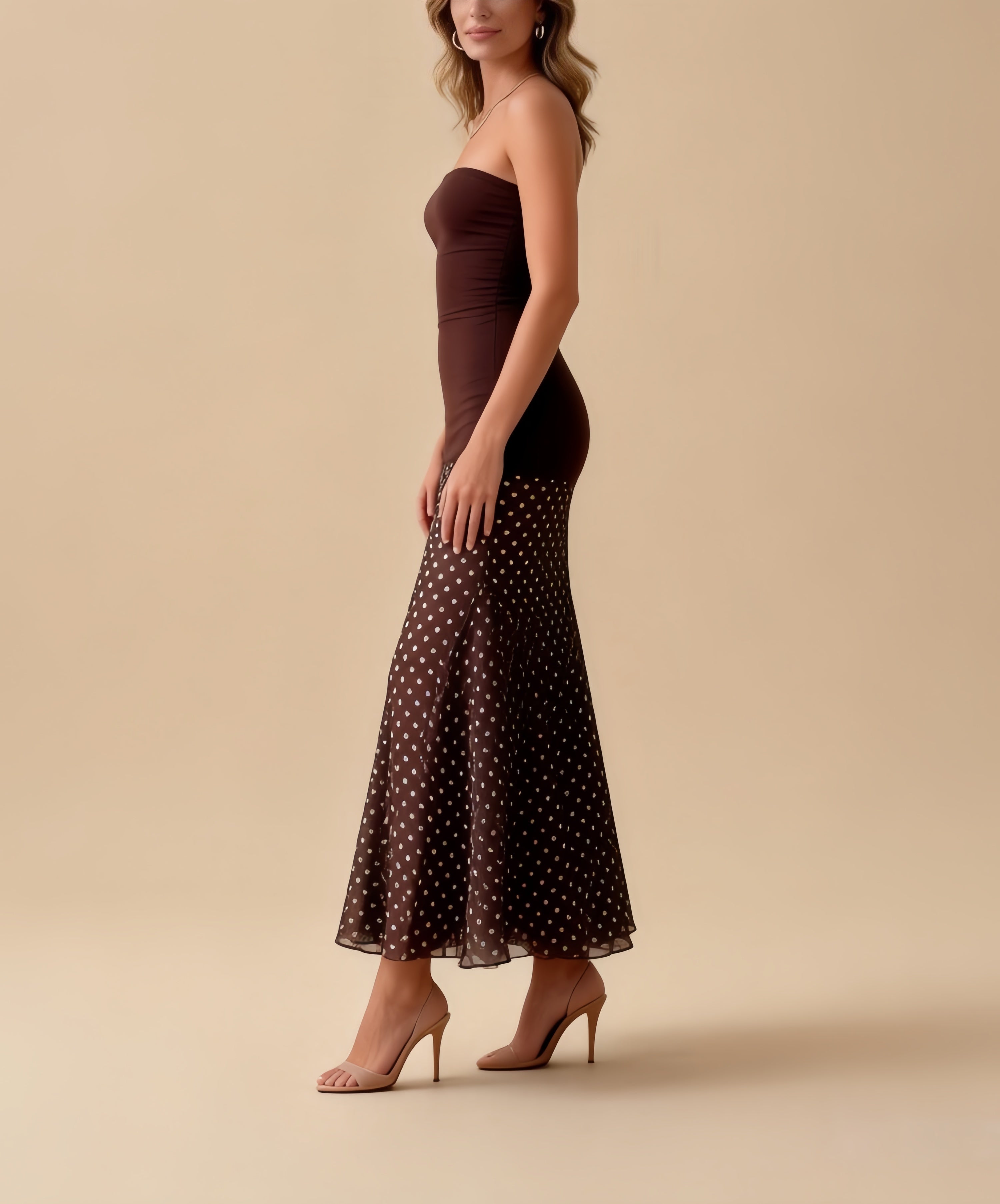 Margot Brown Polka Dot Mesh Bandage Maxi Dress