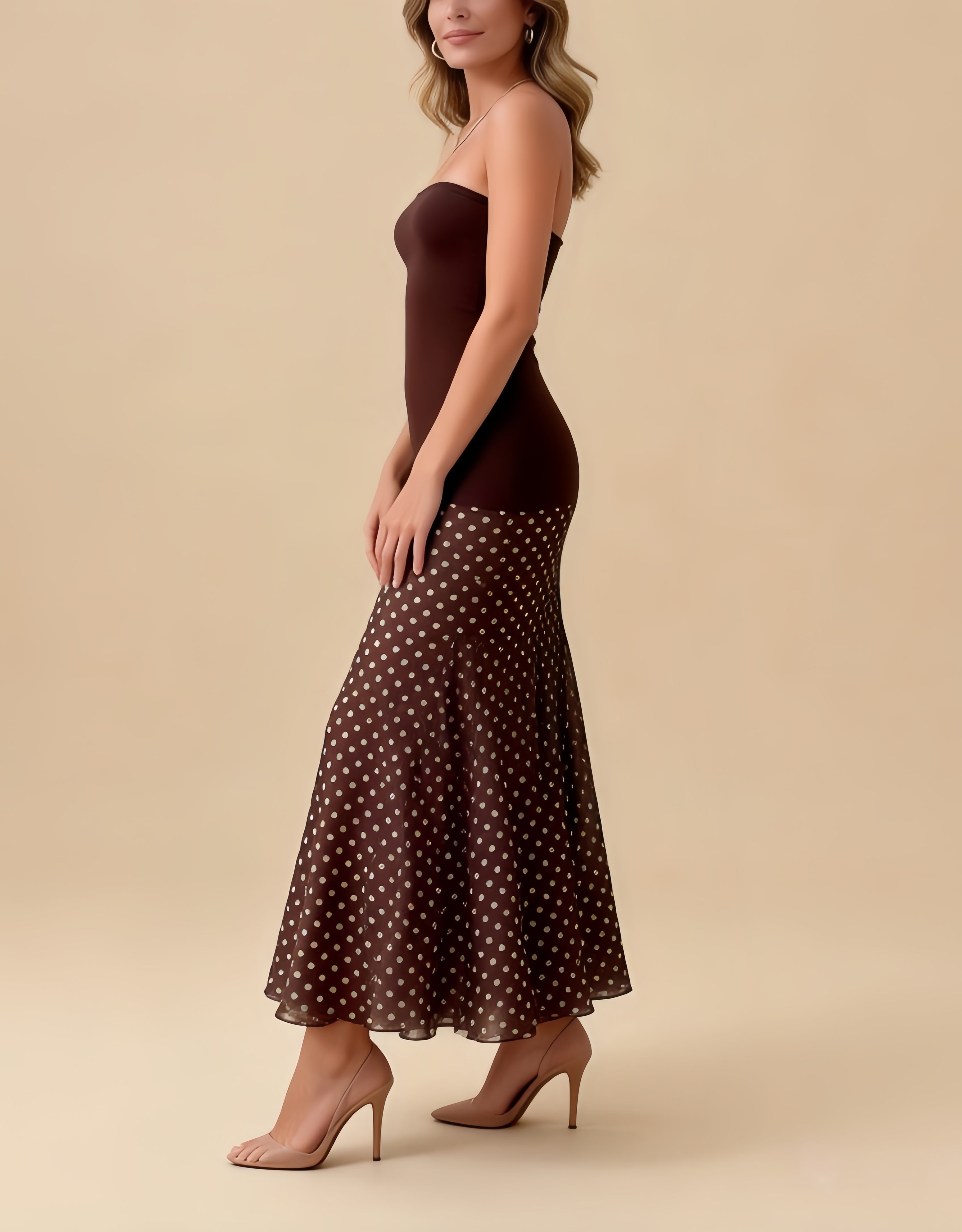 Margot Brown Polka Dot Mesh Bandage Maxi Dress