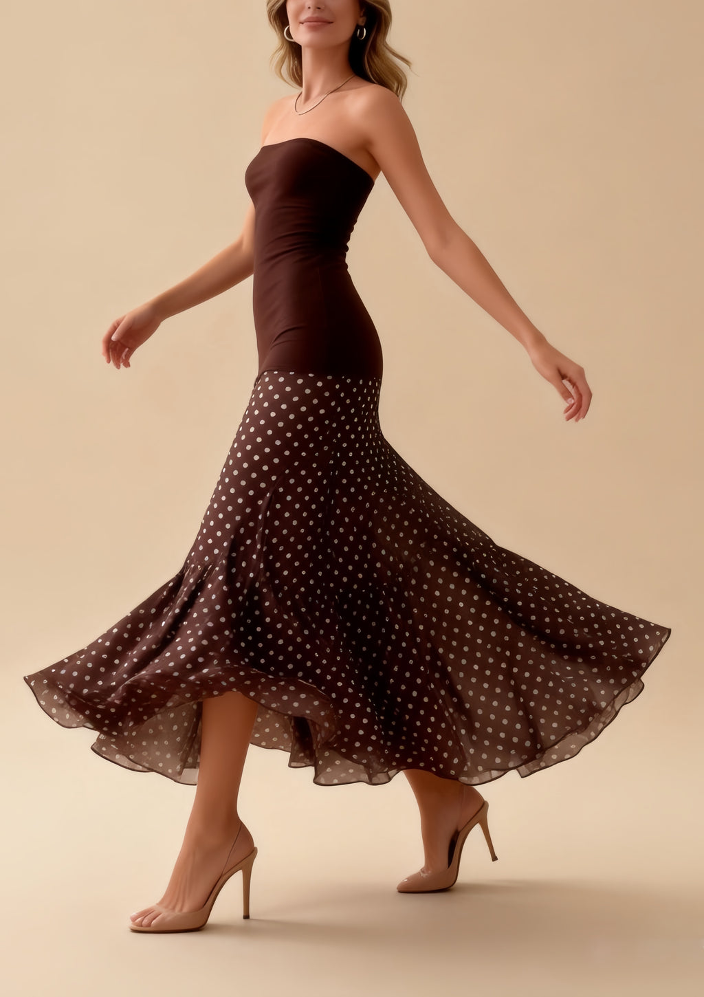 Margot Brown Polka Dot Mesh Bandage Maxi Dress