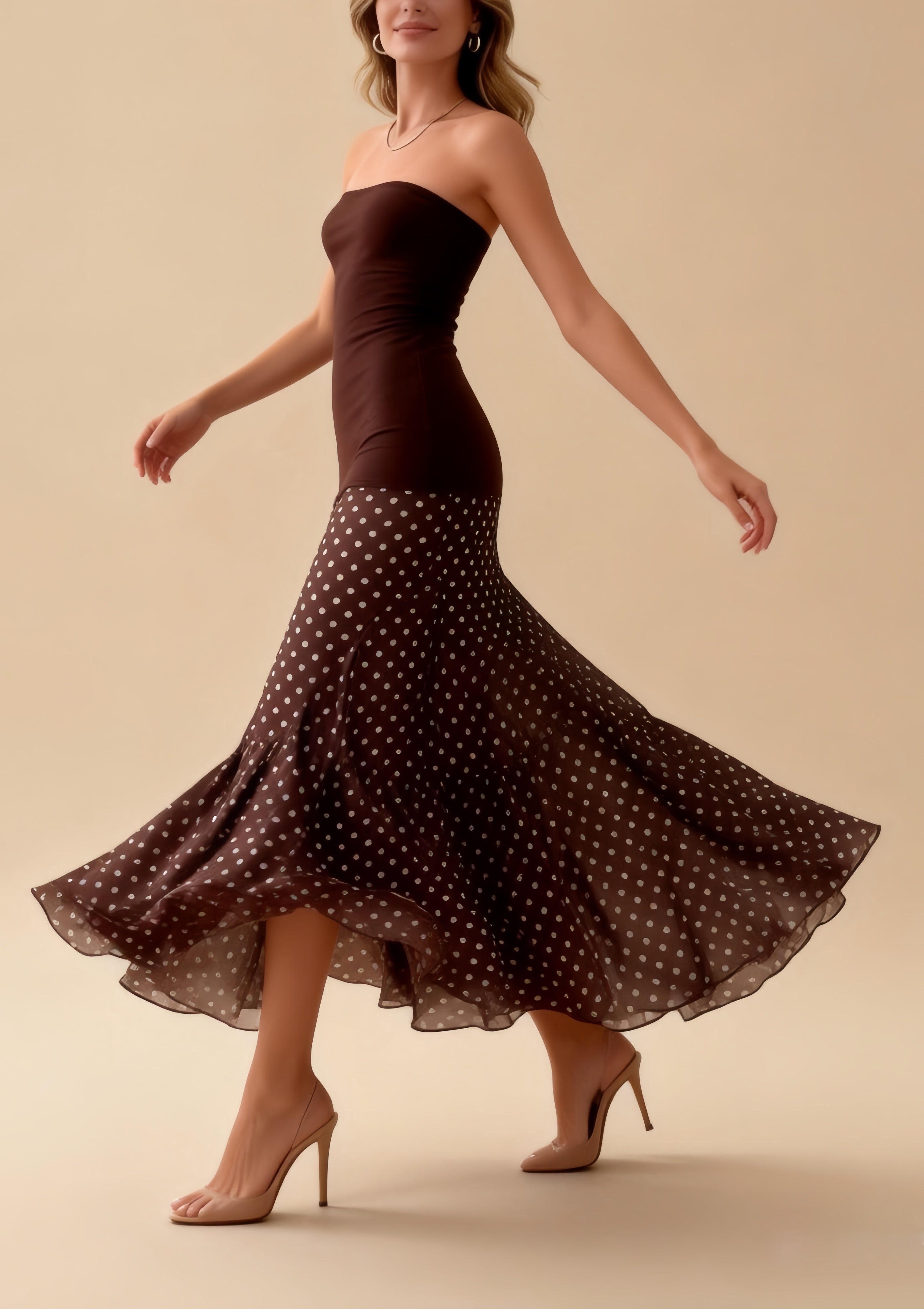 Margot Brown Polka Dot Mesh Bandage Maxi Dress