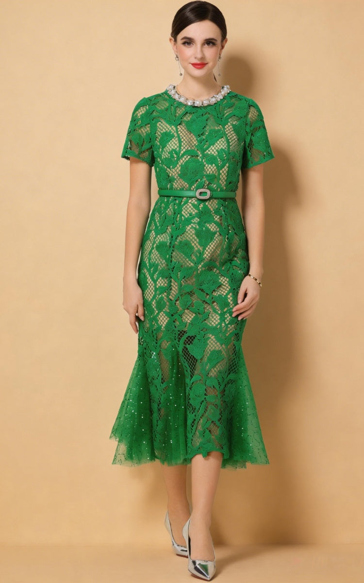 Mira Green Lace Pearl Mermaid Dress