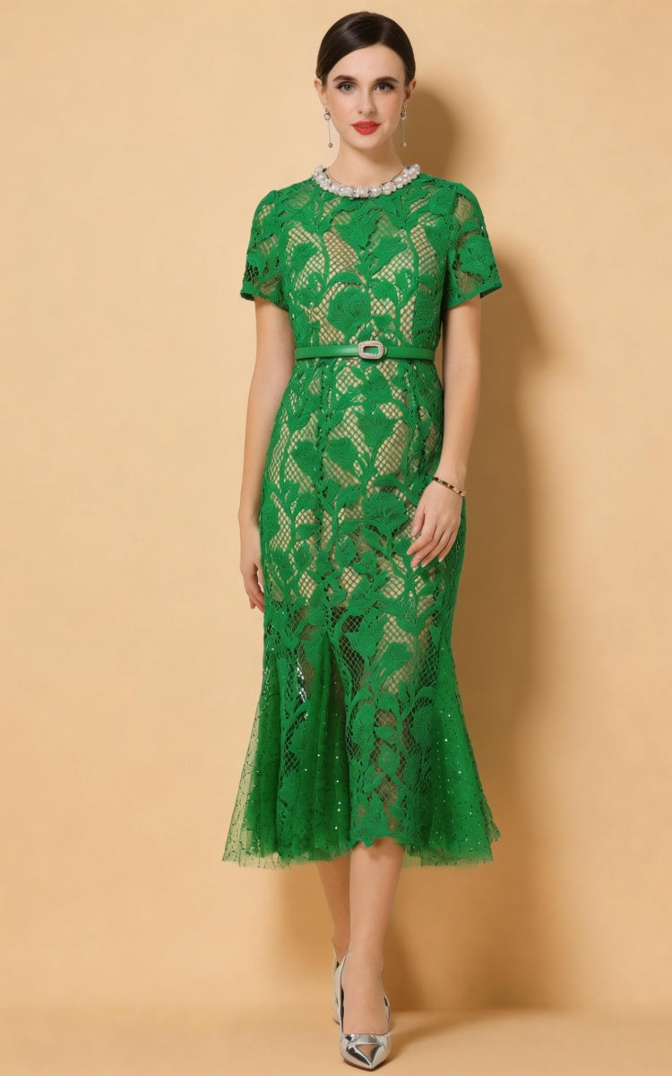 Mira Green Lace Pearl Mermaid Dress