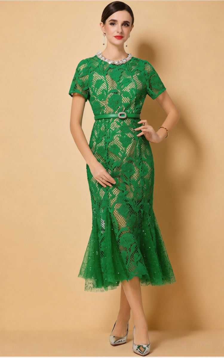 Mira Green Lace Pearl Mermaid Dress